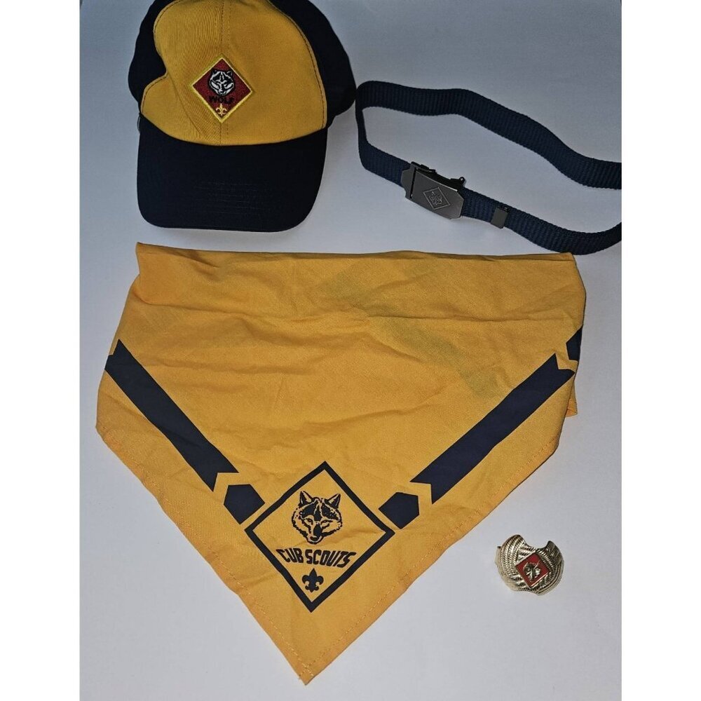 WOLF Cub Scouts Hat Neckerchief Slide Belt Lot Set BSA
